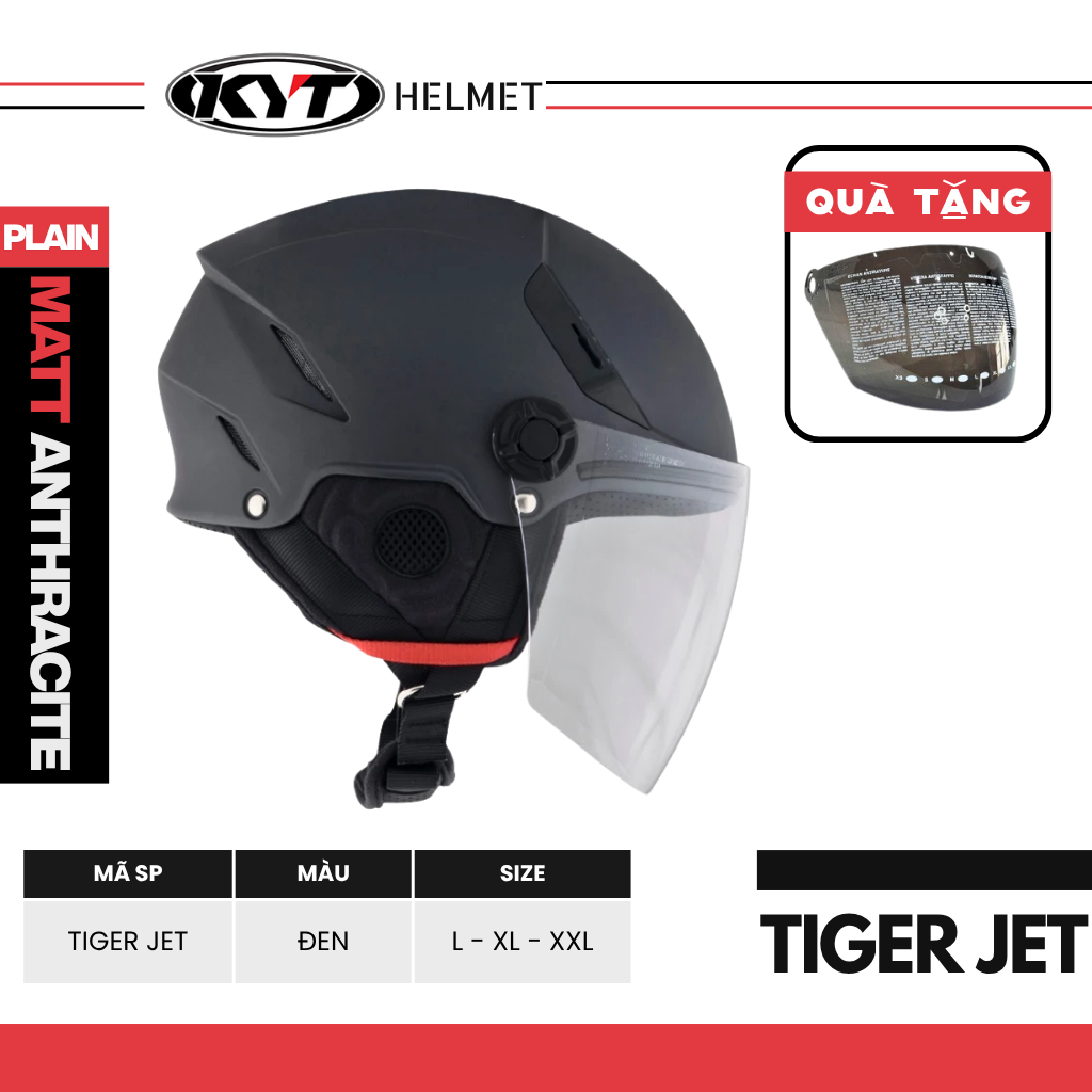 Nón Bảo Hiểm KYT Tiger Jet 1/2 Plain Matt Anthracite – Thiết Kế Tối Giản – Vỏ Thermoplastic Cao Cấp