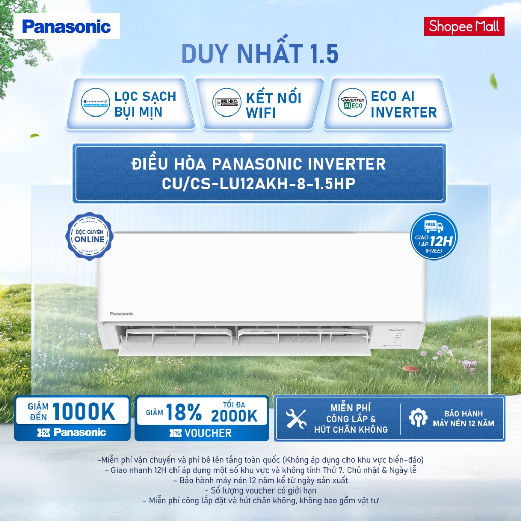 [ELPN2TV GIẢM MAX 2TR] [Giao sau 4/5] Máy lạnh/Điều hòa Panasonic Inverter CU/CS-LU12AKH-8-1.5HP-Một chiều
