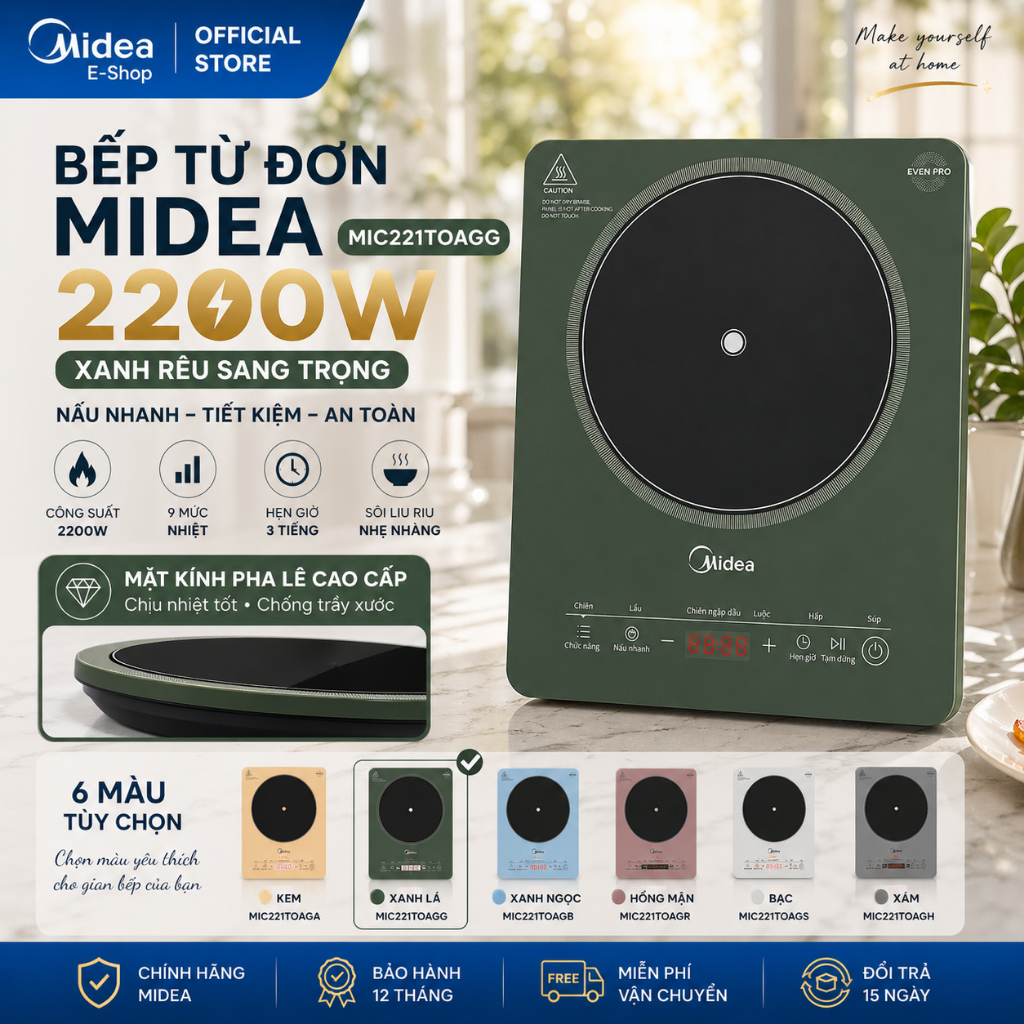 Bếp Từ Đơn Midea MIC221T0AGG | Màu Xanh Lục, 2200W, Có Sôi Liu Riu
