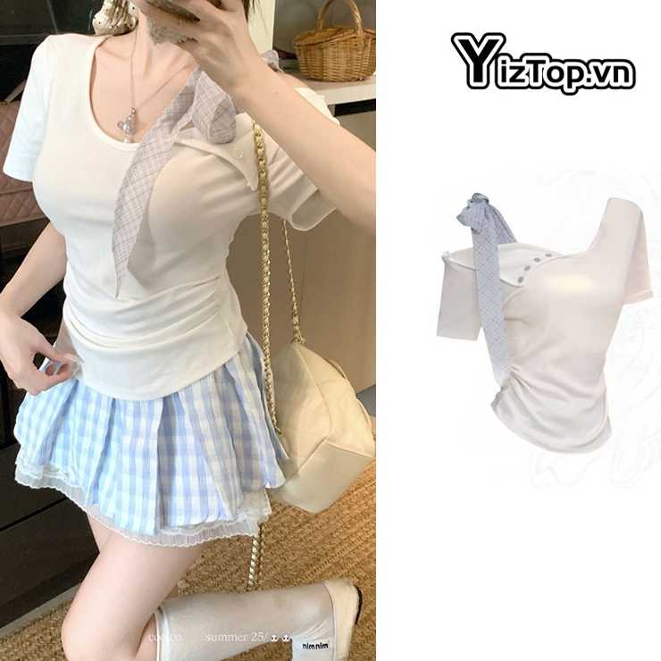 YizTop Xinh đẹp kiểu Hàn tôn dáng, ôm vừa vặn họa tiết caro buộc dây Áo kiểu nữ dễ thương