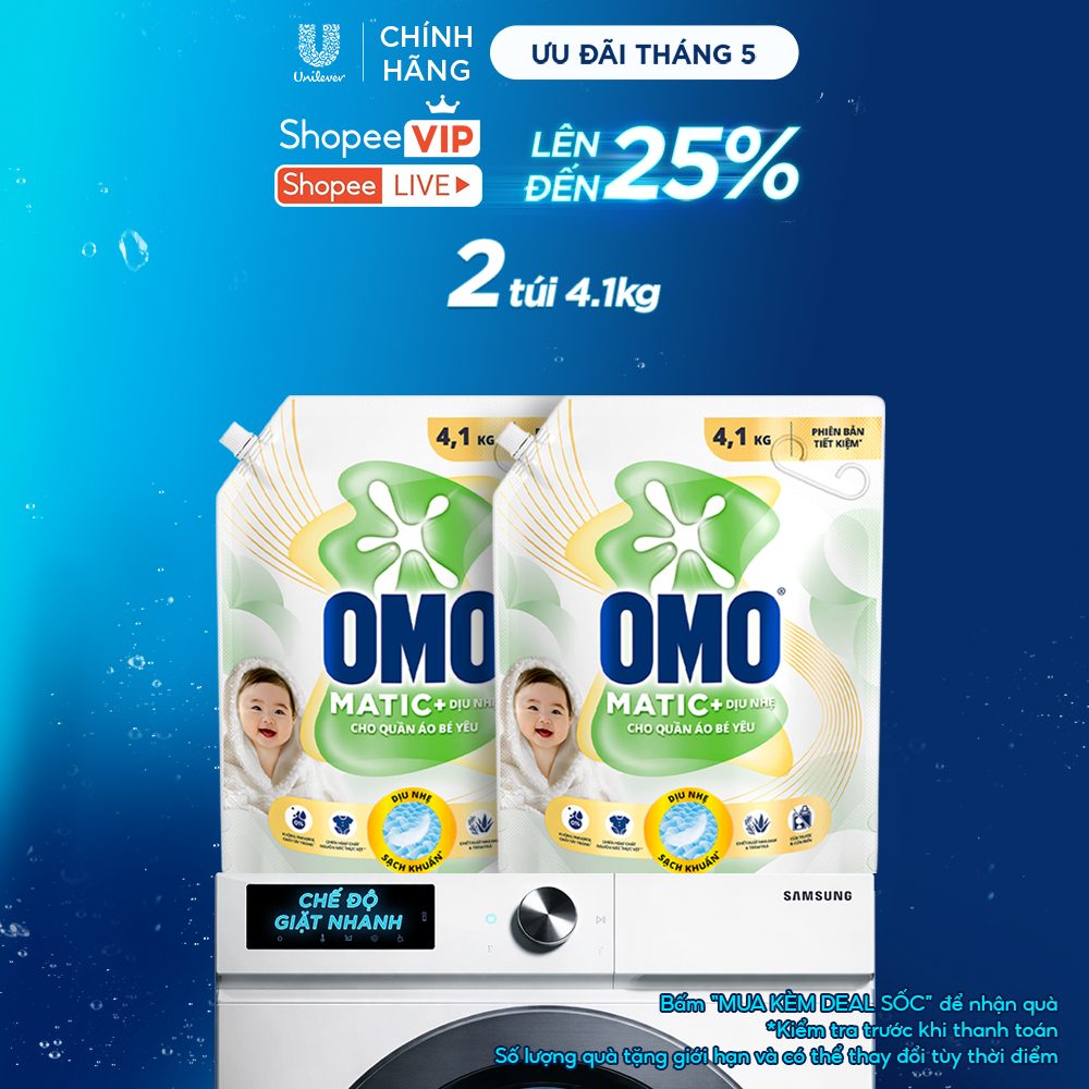 Combo 2 Nước Giặt OMO Matic Cho Quần Áo Bé Yêu 4,1kg/túi