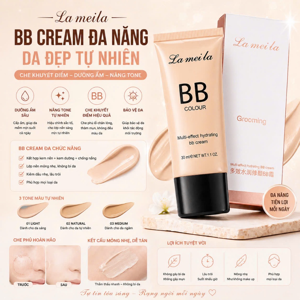 Kem Nền BB Cream Makeup Lameila Grooming 30ml Mỏng Nhẹ, Kem Nền Trang Điểm Dưỡng Ẩm Nâng Tôn