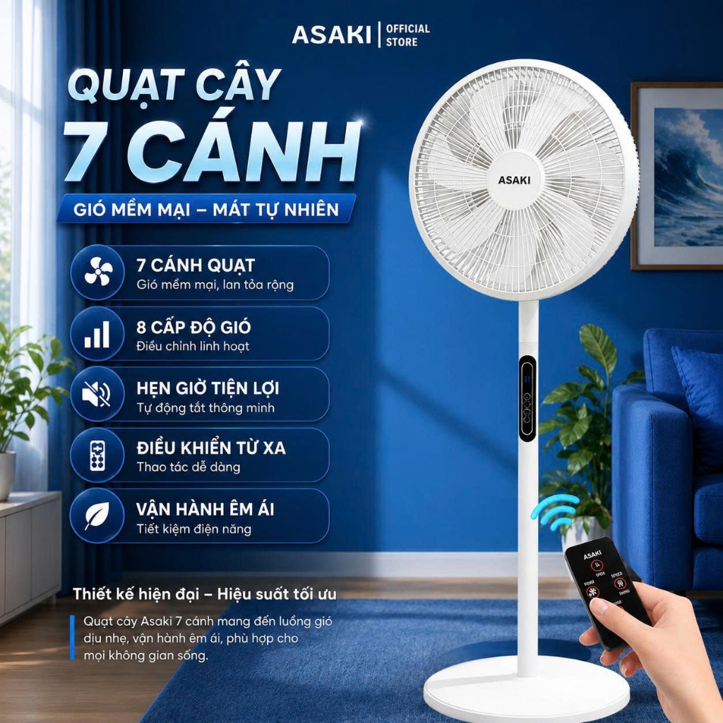 Quạt Cây Đứng ASAKI 8 Cấp Độ Gió Siêu Mát Dễ Chịu Cho Mùa Hè Có Điều Khiển Từ Xa Hẹn Giờ Thông Minh