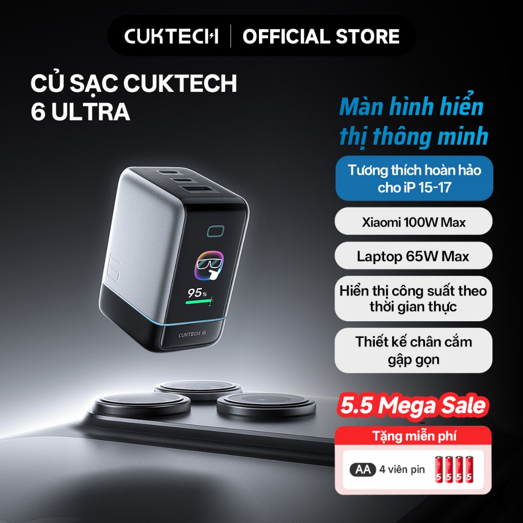 Củ Sạc Nhanh CUKTECH GaN 100W Màn Hình Hiển Thị 3 Cổng Type-C Sạc Laptop 65W Tương Thích iP 17 Pro Max/MacBook/Xiaomi