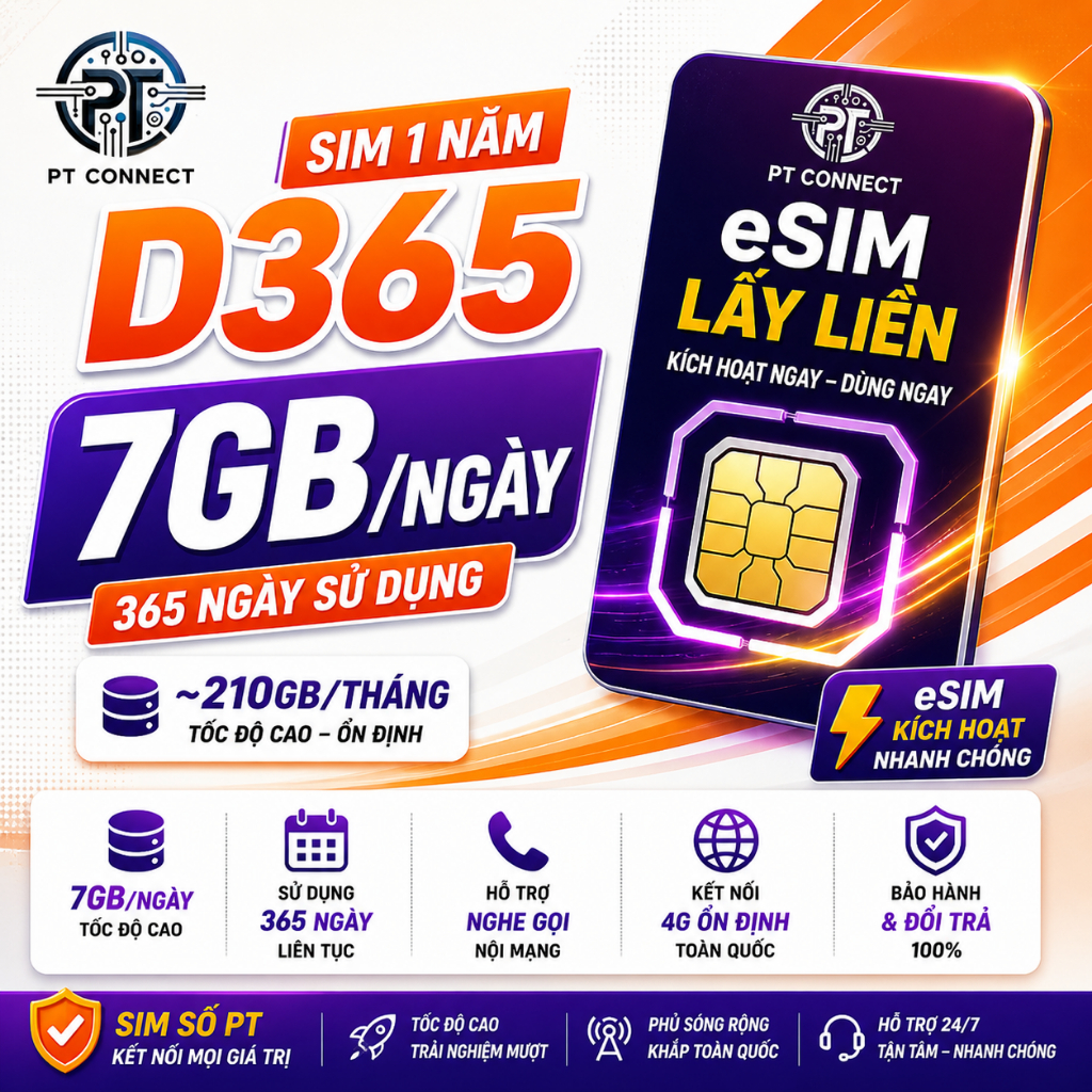 Sim MIỄN PHÍ 1 NĂM, 7Gb/Ngày suốt 12 tháng, Miễn phí nội mạng. Sim D365