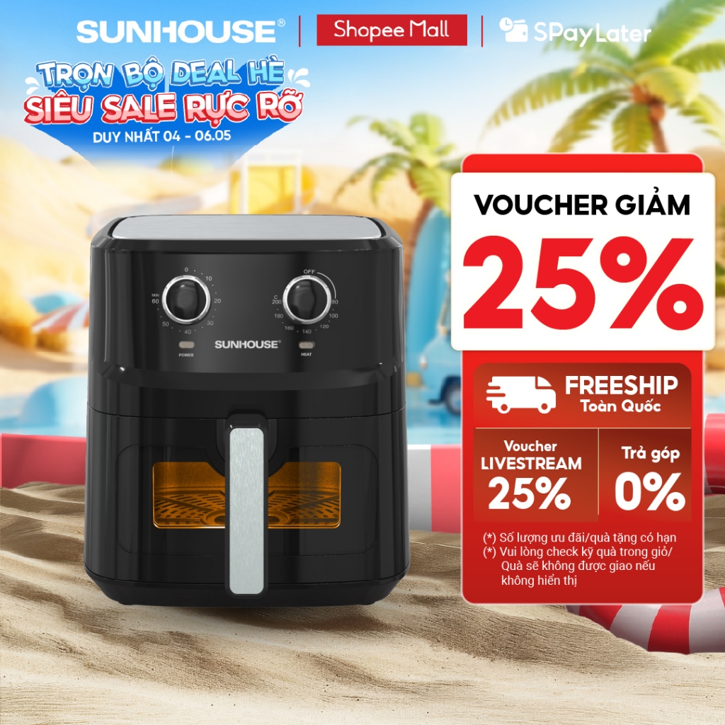 Nồi chiên không dầu 6.5L SUNHOUSE SHD4030 - Công nghệ Rapid Air giảm tới 80% dầu mỡ
