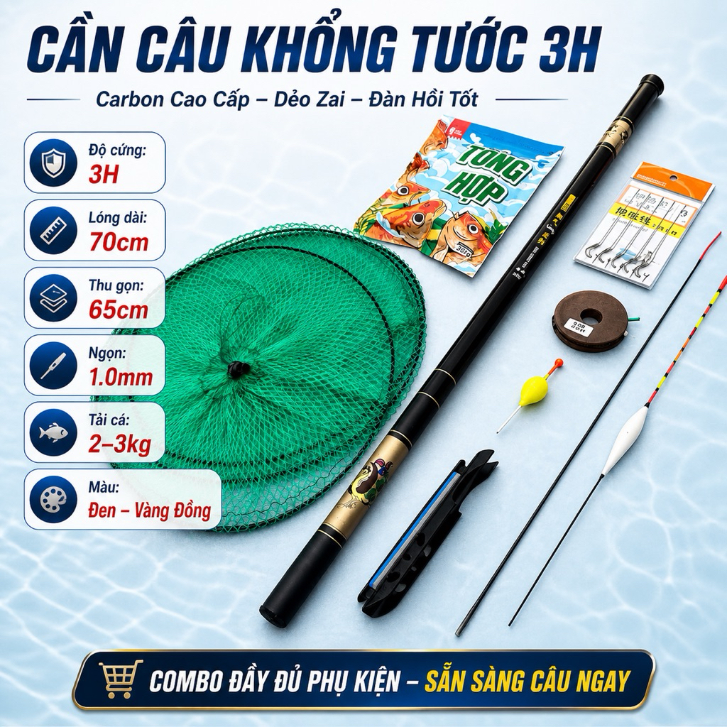 Combo Cần Câu Đơn Đài Khổng Tước 3H – Carbon Siêu Dẻo, Đàn Hồi Tốt, Gẩy Rô Diếc Chép Kèm Mồi Khó Chịu Hoặc Kim Long