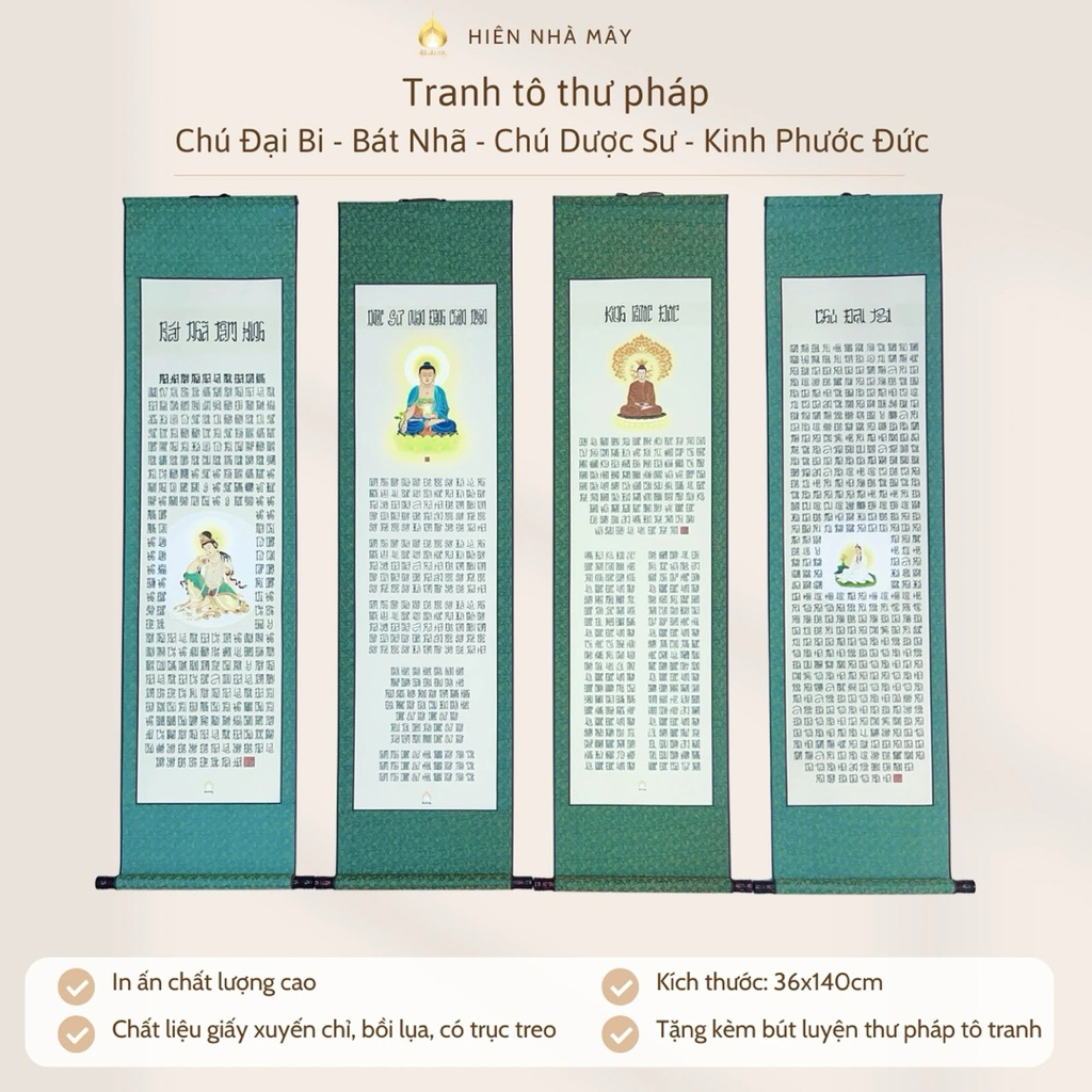 Tranh tô Chú Đại Bi - Bát Nhã Tâm Kinh - Xuyến chỉ bồi lụa - Tặng kèm bút tô