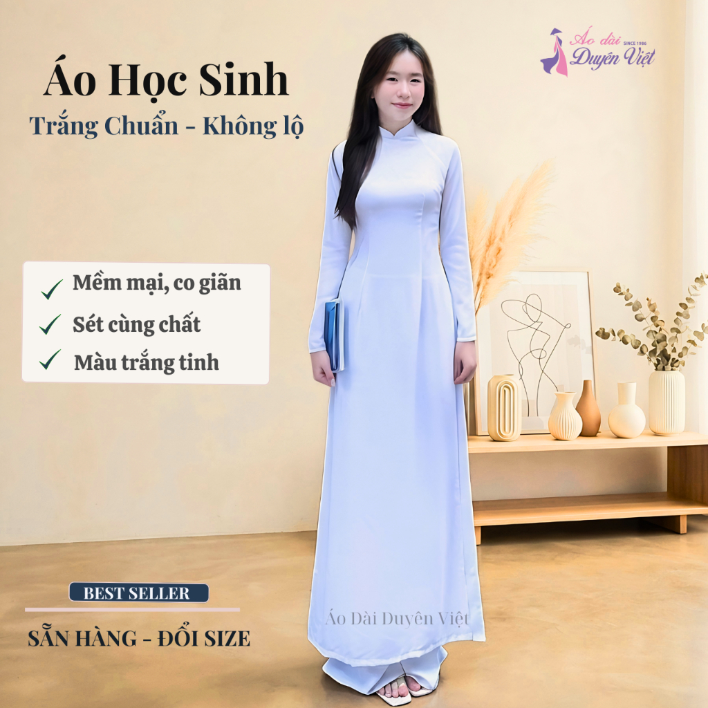 Áo dài trắng học sinh nữ lụa cao cấp cổ cao 3cm tay dài form chuẩn mặc đi học.