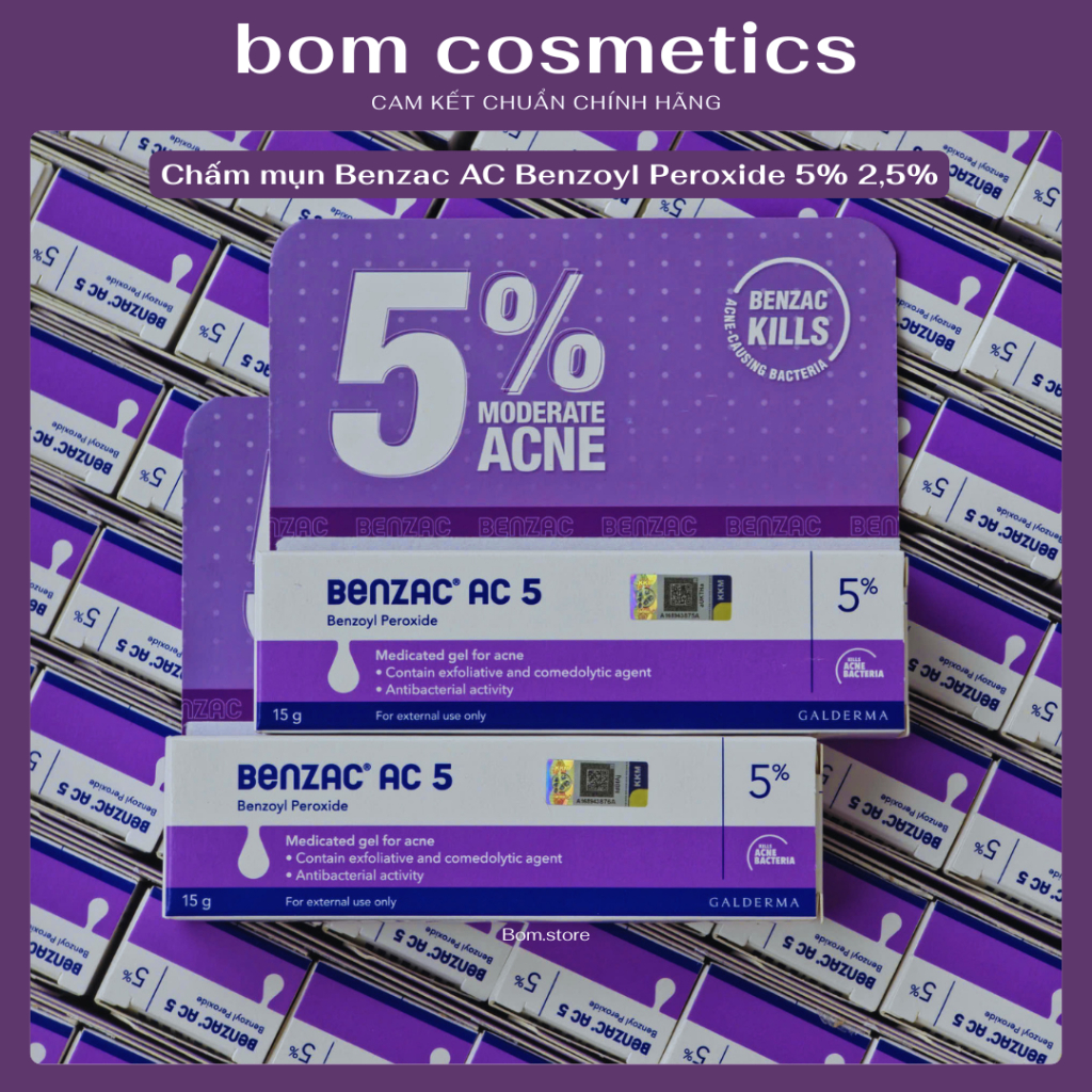 Chấm mụn Benzac AC 5% 2.5% Benzoyl Peroxide 5% 2.5% Gel chấm mụn bọc mụn đầu trắng mụn viêm