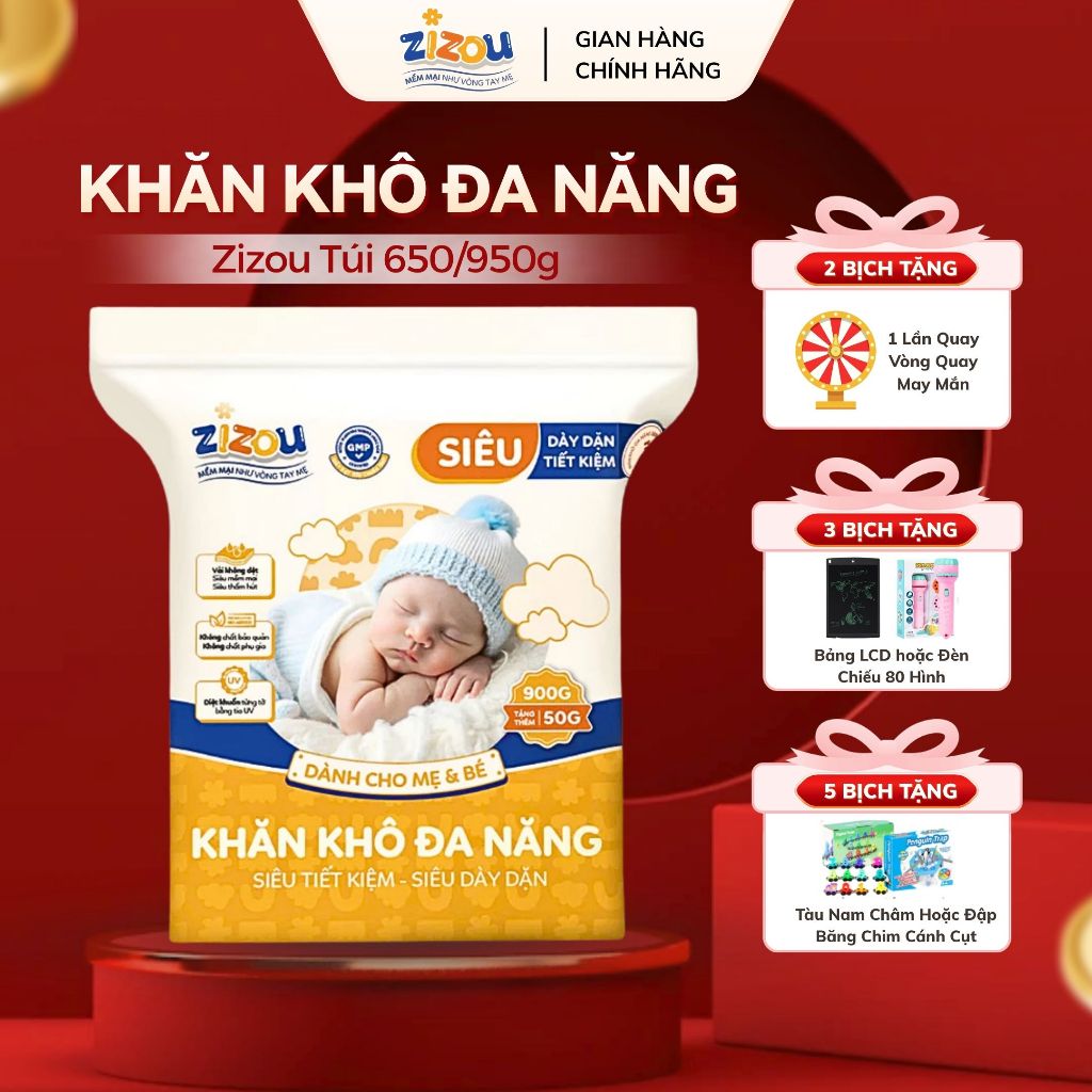 Khăn Khô Đa Năng Zizou Túi 650/950g Vải Không Dệt Tiệt Trùng UV Mềm Mại, Dày Dặn, Không Hóa Chất