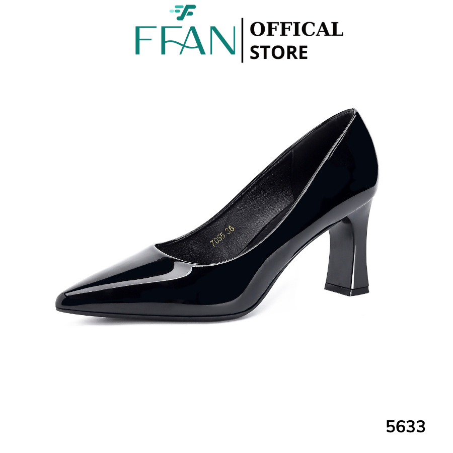 Giày cao gót nữ mũi nhọn đế vuông [da bóng mềm mại] 5633 FFAN STORE bít mũi 6 phân big size màu đen