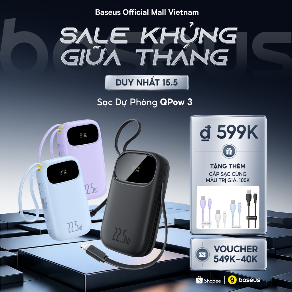 [CCC-MỚI VỀ] Sạc dự phòng Baseus Qpow3 & Qpow Pro+ 20000mAh/10000mAh PD22.5W Màn Số LED Cáp Kép Sạc Nhanh 2 Thiết Bị