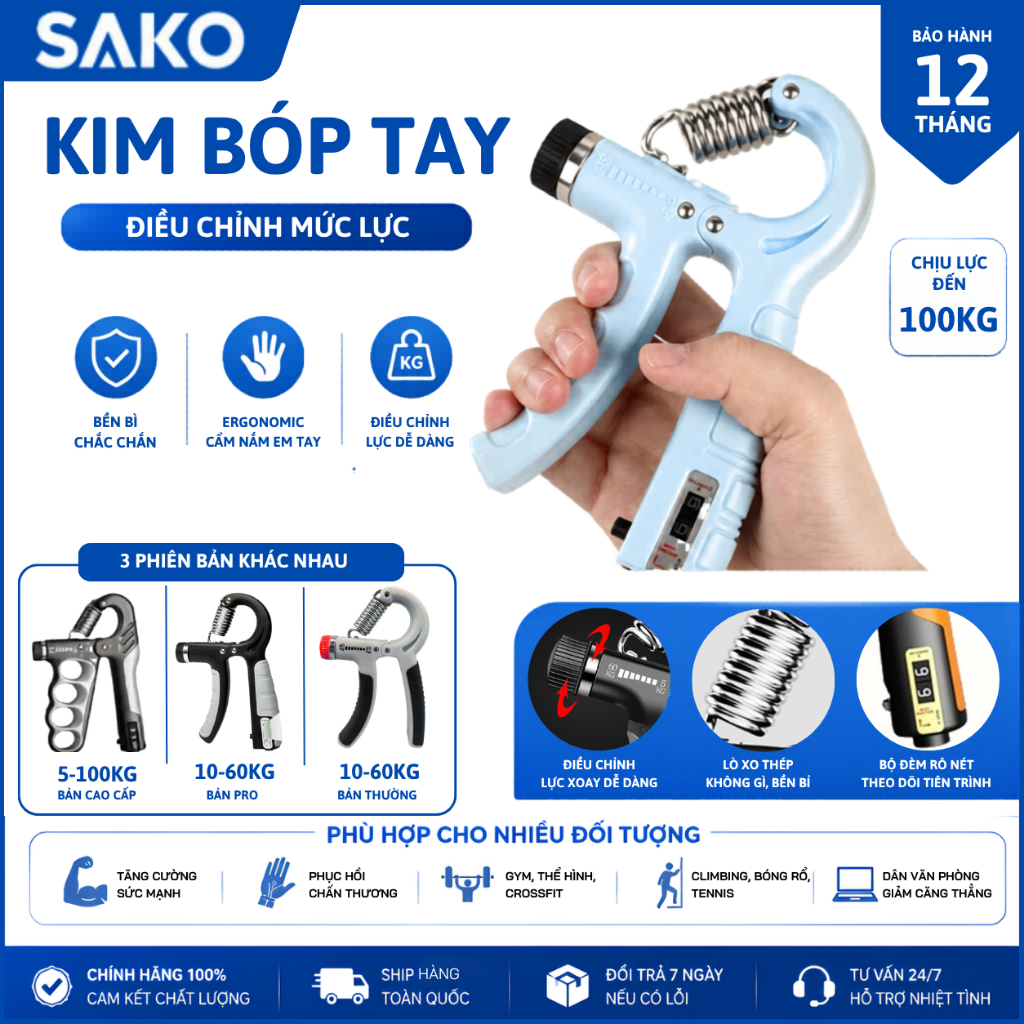 Kìm Bóp Tay, Kìm Tập Cơ Tay, Dụng Cụ Tập Gym Tại Nhà Điều Chỉnh Lực Có Đếm 10-60kg TOPBODY KIMCA03