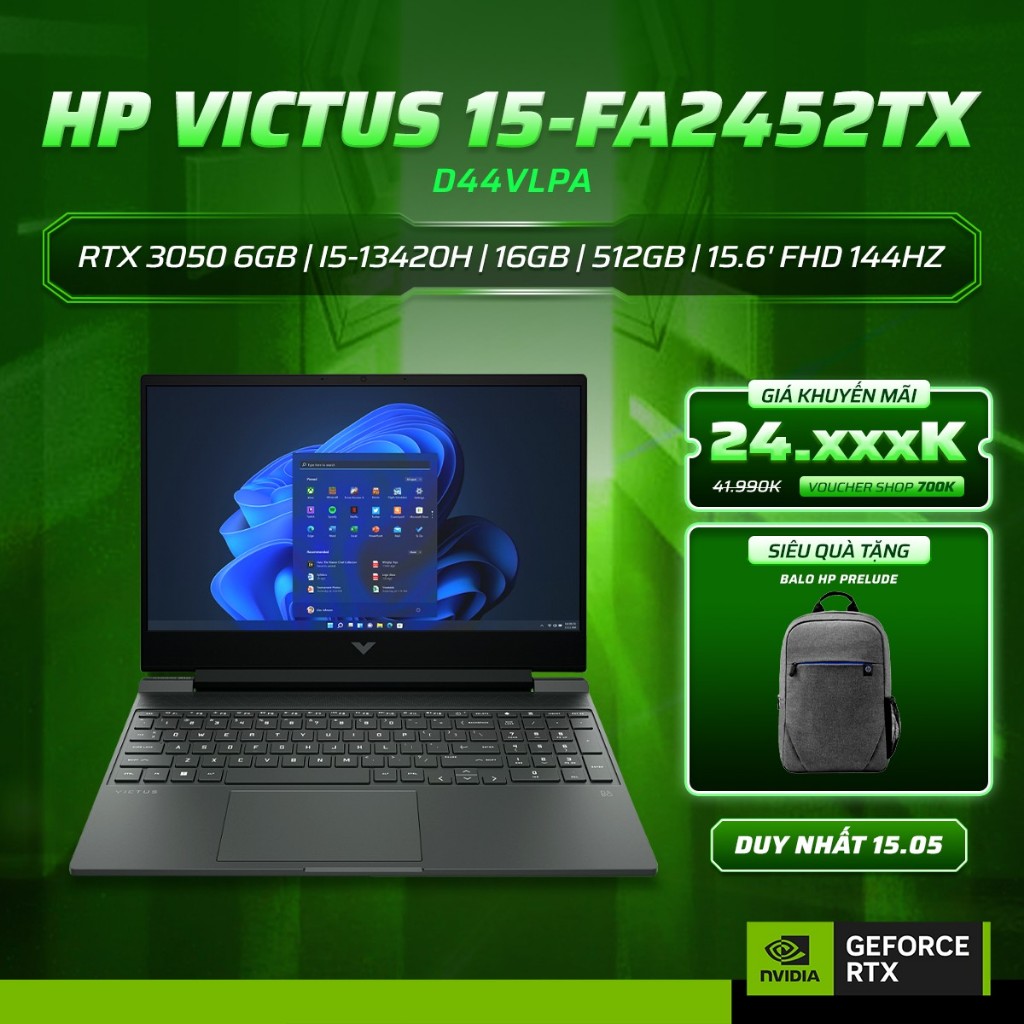 Laptop HP Gaming Victus 15-fa2452TX D44VLPA GeForce RTX3050 6GB / Chip i5-13420H / 16GB / 512GB