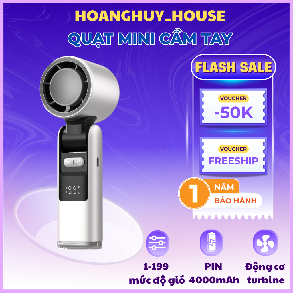 Quạt Cầm Tay Sò Lạnh Pin 4000mAh Màn Hình Led - 199 Cấp Độ Gió, Gió Mạnh ,Nhỏ Gọn Mang Đi