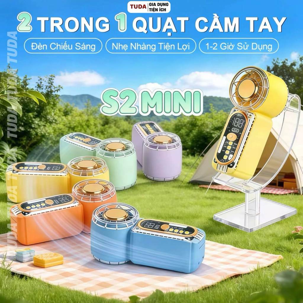 QUẠT MINI Cầm Tay Tốc Độ Cao 2 Trong 1, Đèn LED chiếu sáng, Điều chỉnh 6 tốc độ, 100 Mức gió, Màn hình led, Pin 1800mAh