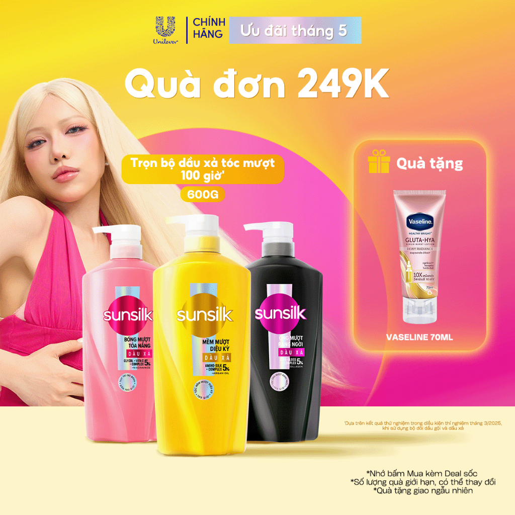 Kem xả Sunsilk cho tóc Mượt 100h (Bóng mướt- Luminous UV / Đen óng - Glossy Black / Mềm mượt - Silky Smooth) 600g