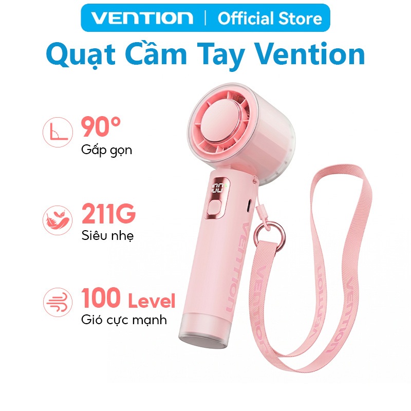 Quạt Cầm Tay Vention 100 Cấp Độ Gió, Pin 3000mAh 8H, Gập 90°, LED Hiển Thị, Tặng kèm dây đeo