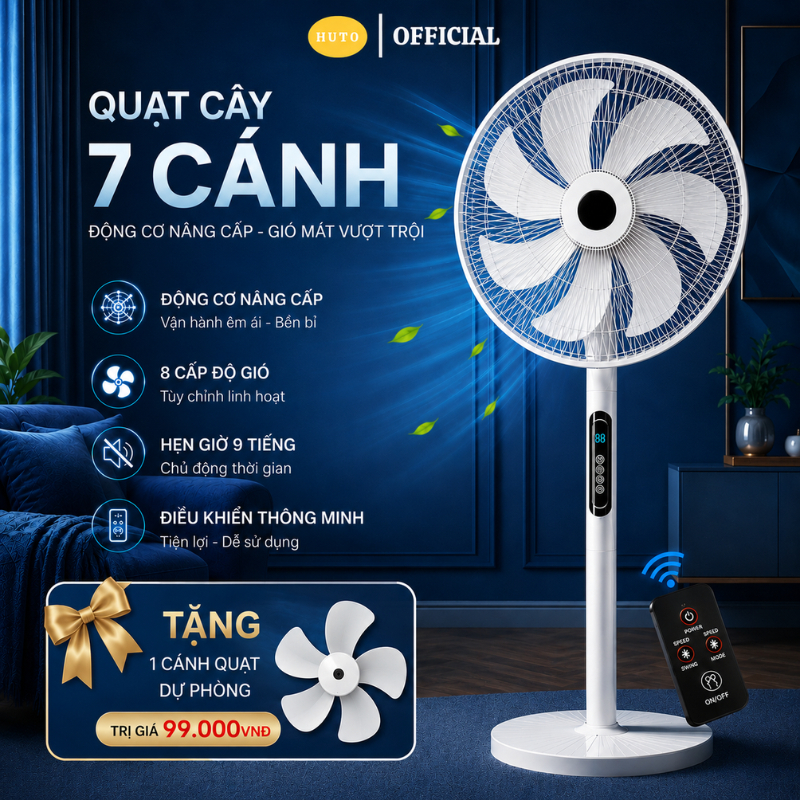 Quạt Cây 7 Cánh HUTO Vận Hành Êm Ái 8 Chế Độ Gió Kèm Điều Khiển Từ Xa Tiện Lợi Hẹn Giờ 9 Tiếng