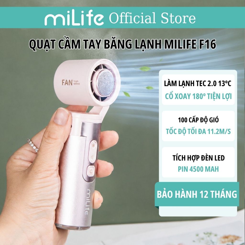 Quạt cầm tay sò lạnh miLife F16 cổ xoay 180 độ, pin 4500mAh 11 tiếng, gió 11.2m/s