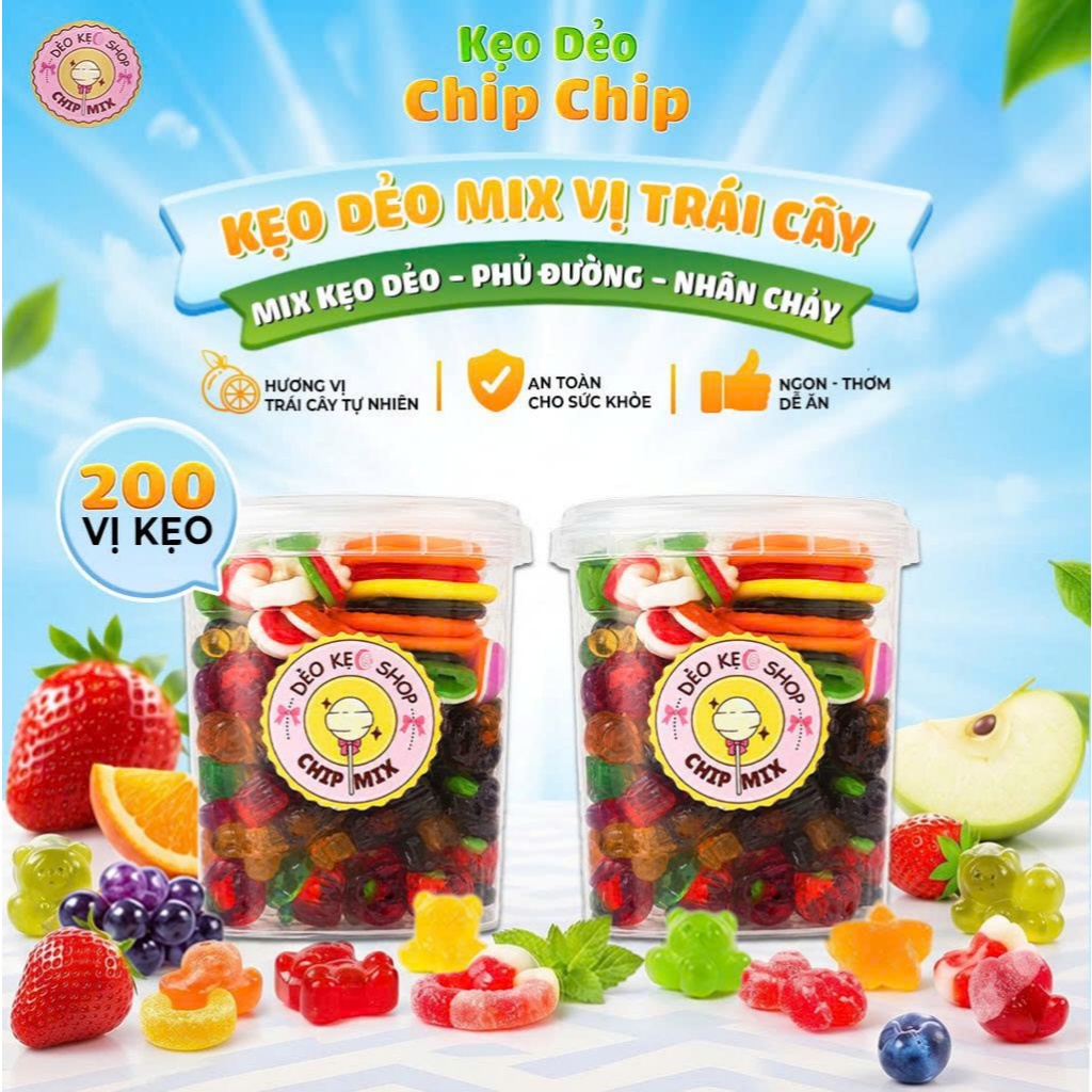 Kẹo dẻo mix vị trái cây hơn 200 vị, Kẹo chip mix chua ngọt, nhân siêu ngon siêu cuốn