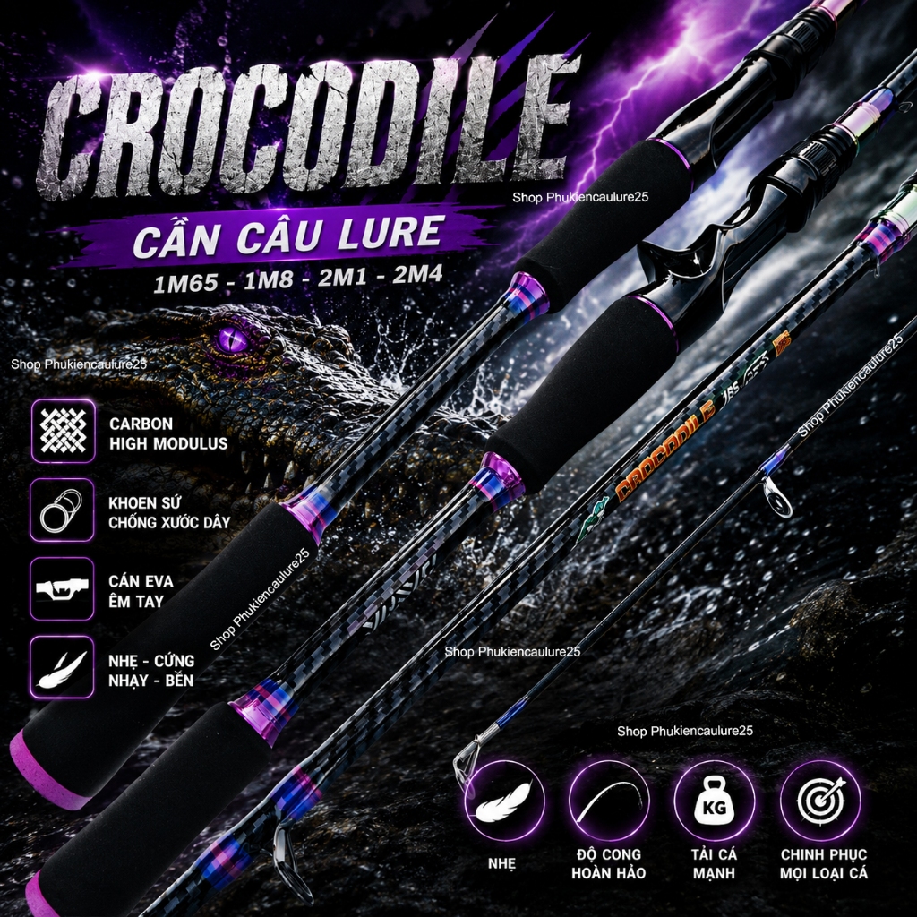 Cần câu lure cá lóc 2 khúc Crocodile giá rẻ dành cho người mới chất liệu carbon thân cần sơn hoạ tiết caro cực đẹp
