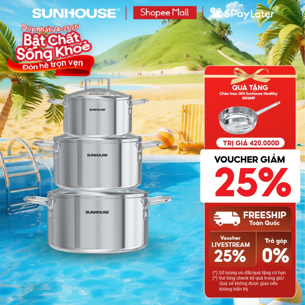[Tặng chảo inox] Bộ nồi inox 304 liền đáy Sunhouse Healthy SHG705 - Gồm 3 nồi size 16,20,24cm - Inox 304