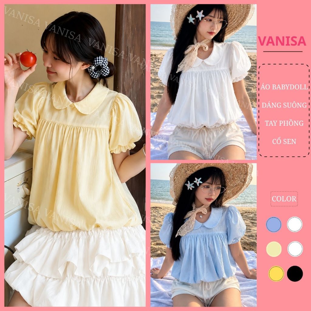 Áo Babydoll Nữ Cổ Sen Tay Phồng Form Rộng Che Bụng vàng trắng xanh hàn quốc VANISA SM105
