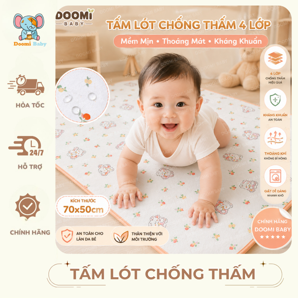 Tấm Lót Chống Thấm Kháng Khuẩn Chính Hãng Doomi Baby Cho Bé Mùa Hè 4 Lớp 70*50cm - HT723 - HT832