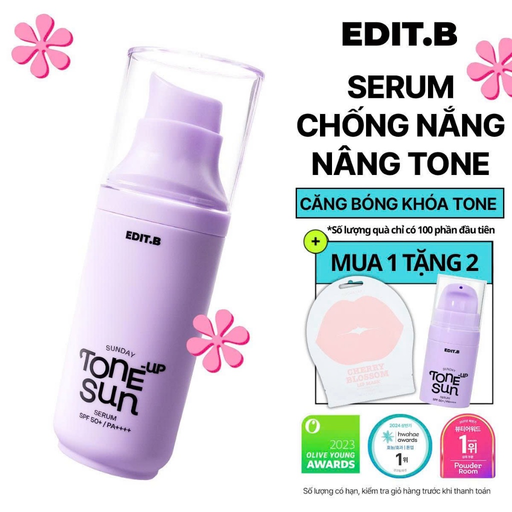 Serum Chống Nắng Tím Nâng Tone, Triệt Sắc Vàng Edit.B Sunday Tone-Up Sun Serum SPF50+/PA++++55ml