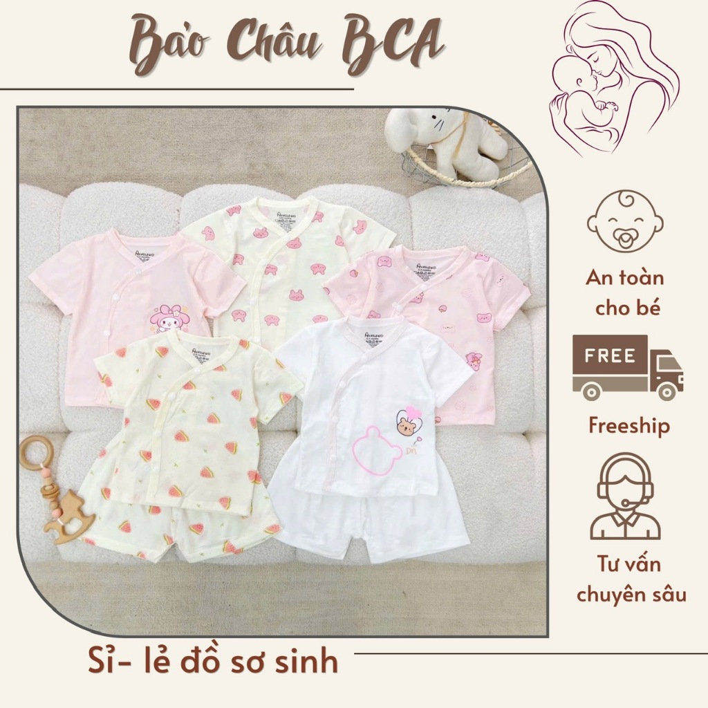 Set 3-5 bộ cộc tay sơ sinh cúc bấm bé gái 3-9kg thun lạnh phối màu mềm mịn thoáng mát cho mùa hè in hoạ tiết cho bé