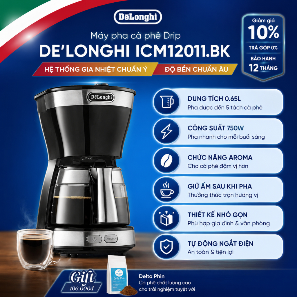 Máy pha cà phê drip DeLonghi Active Line ICM12011.BK