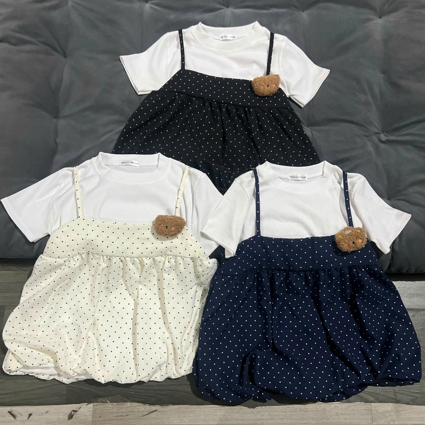 Set Đồ Nữ Áo Thun Trơn Cộc Tay Kèm Áo 2 Dây Chấm Bi From Bí Phồng 2 Lớp Xinh Xắn Mẫu Hot 2026
