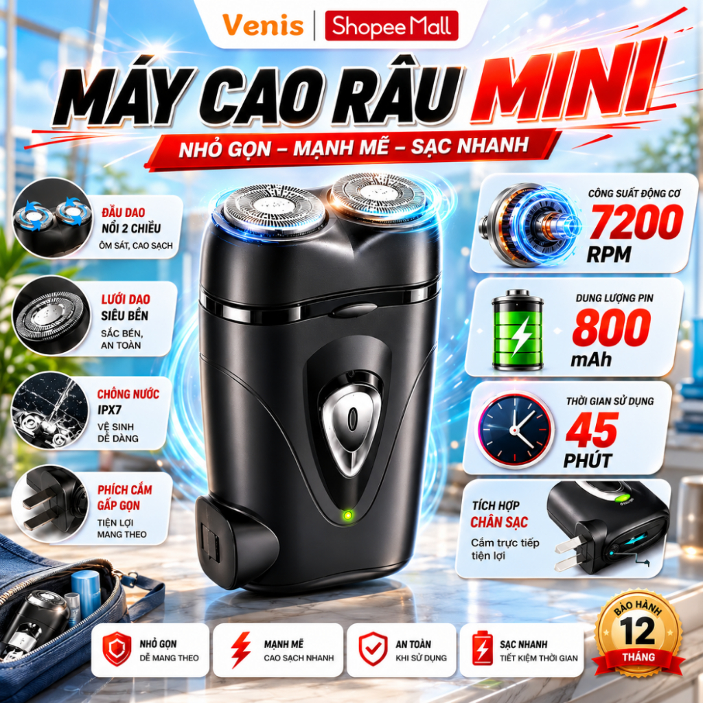 Máy Cạo Râu MEGUN Sạc Pin Thông Minh Lưỡi Dao Kép Tự Làm Sắc, Cạo Sạch Bền Bỉ
