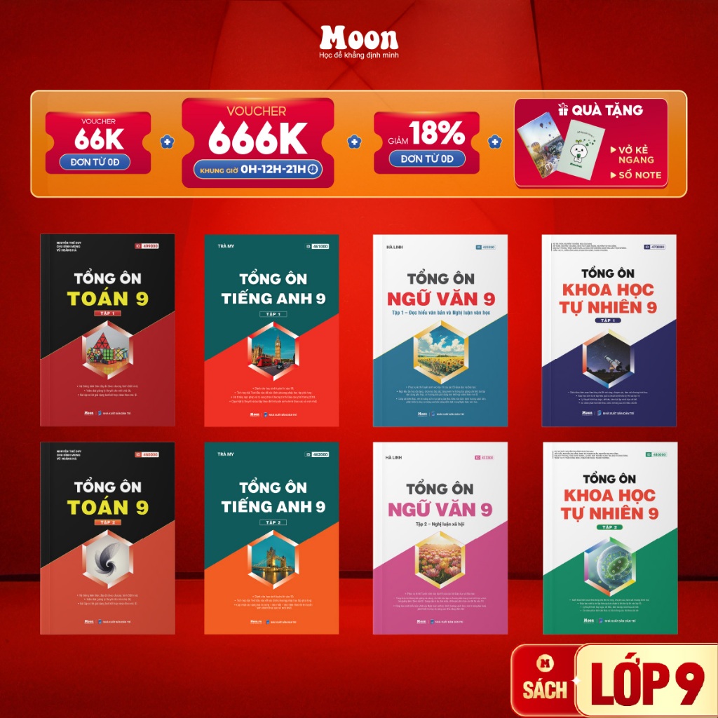 Sách Tổng Ôn lớp 9 môn Toán, Văn, Anh, khoa học tự nhiên, combo sách ôn thi vào 10 cho 2k12 - MoonBook