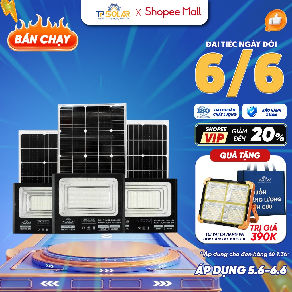 Đèn Pha Năng Lượng Mặt Trời TP SOLAR Công Suất 200W, 300W, 600W Chiếu Sáng 100-300m2, Vỏ Hợp Kim Nhôm, Sáng Xuyên Đêm