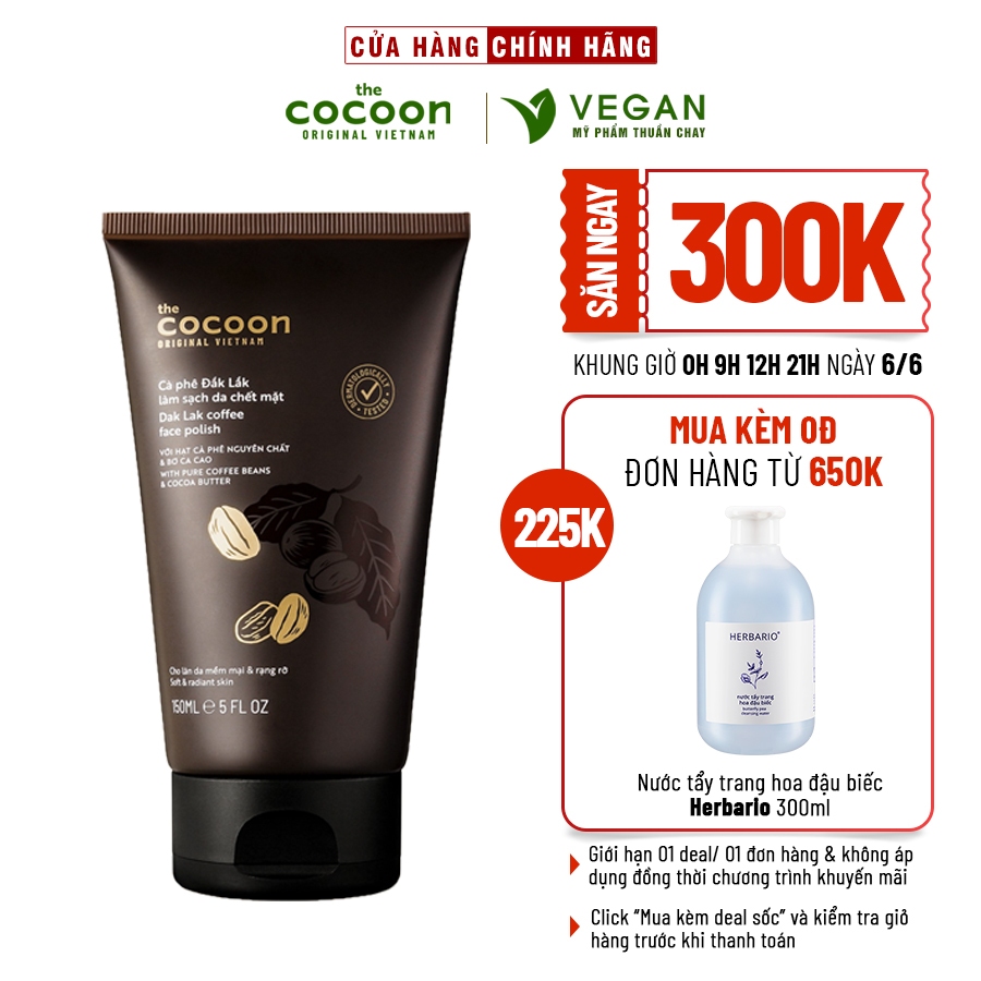 Tẩy da chết mặt Cà phê Đắk Lắk làm sạch da mặt cocoon 150ml (Dak Lak coffee face polish ) thuần chay