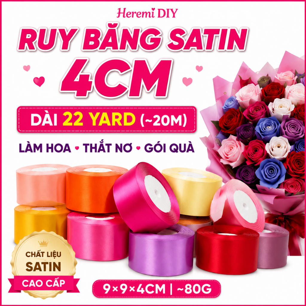 Ruy Băng Lụa Satin 4cm Dài 22 Yard (20m) Làm Hoa Hồng Handmade, Thắt Nơ, Gói Quà, Trang Trí DIY Cao Cấp