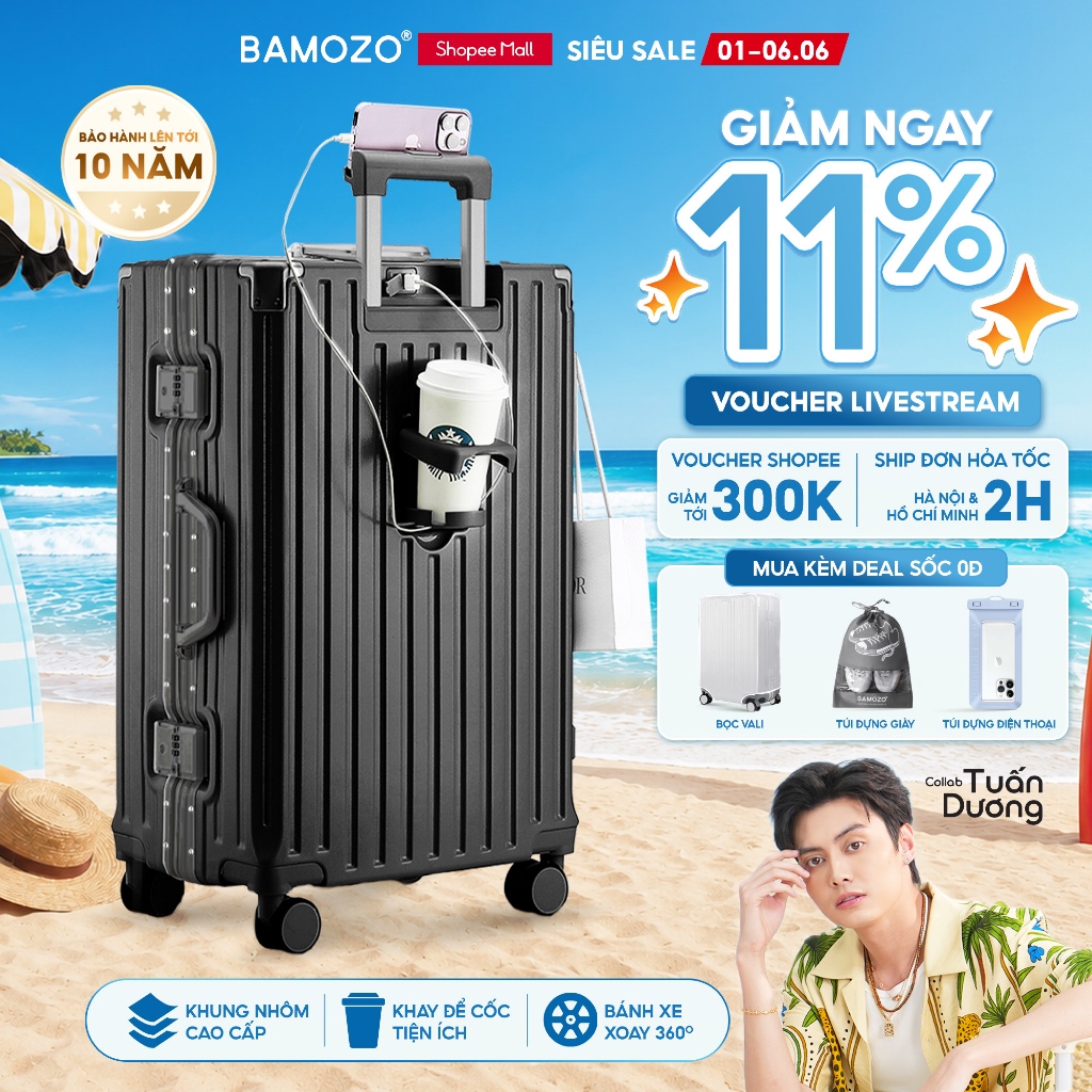 Vali Bamozo Khung Nhôm 9066 Size 20/24/28 Cao Cấp Bo 4 Góc Kim Loại Chống Va Đập_9066