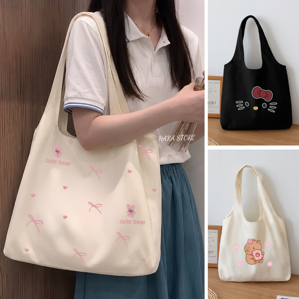 Túi tote vải canvas Helo munu,Labubu nữ đựng vừa laptop cỡ lớn đeo vai phong cách Nhật Bản,đi học đi chơi đi làm