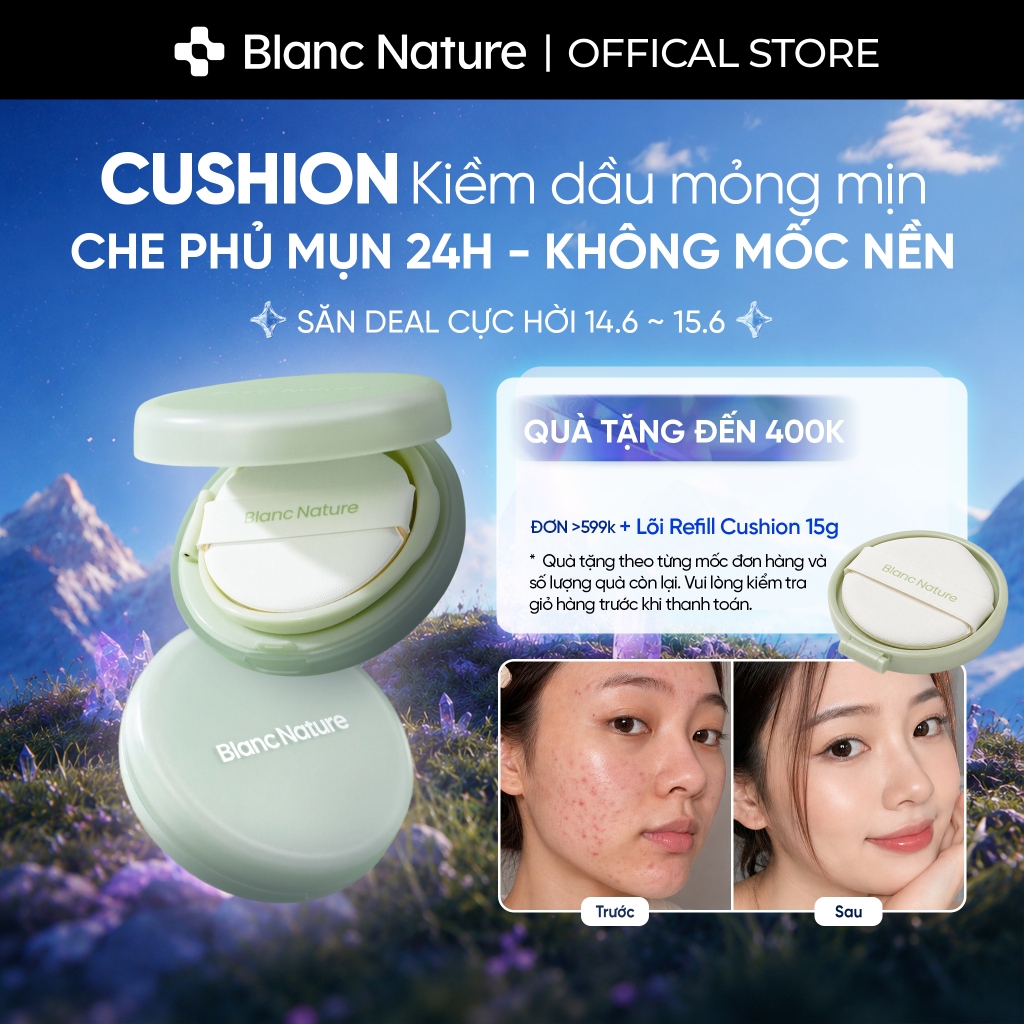 Phấn nước che khuyết điểm 24h kiềm dầu cho da mụn - Blanc Nature Sebum Zero Airfit Cushion 15g