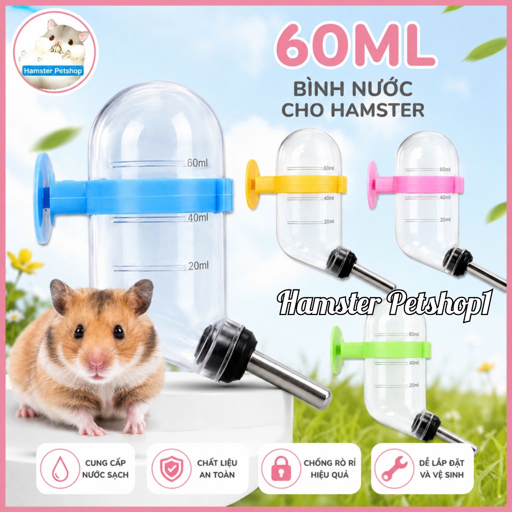 Bình nước 60ml cho hamster,sóc (đầu thủy tinh)
