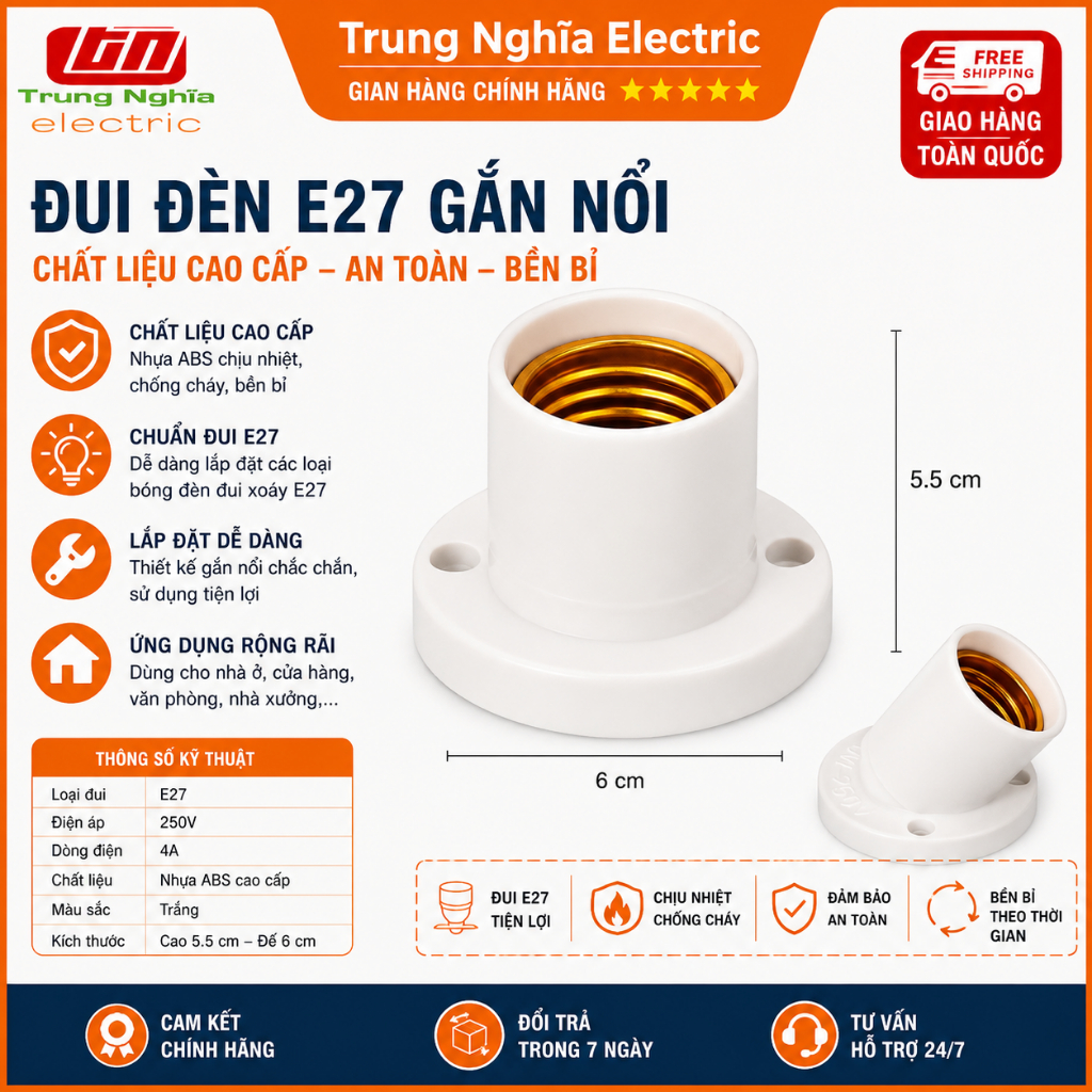 chuôi đui đèn loại tốt E27 gắn tường - 2 chế độ