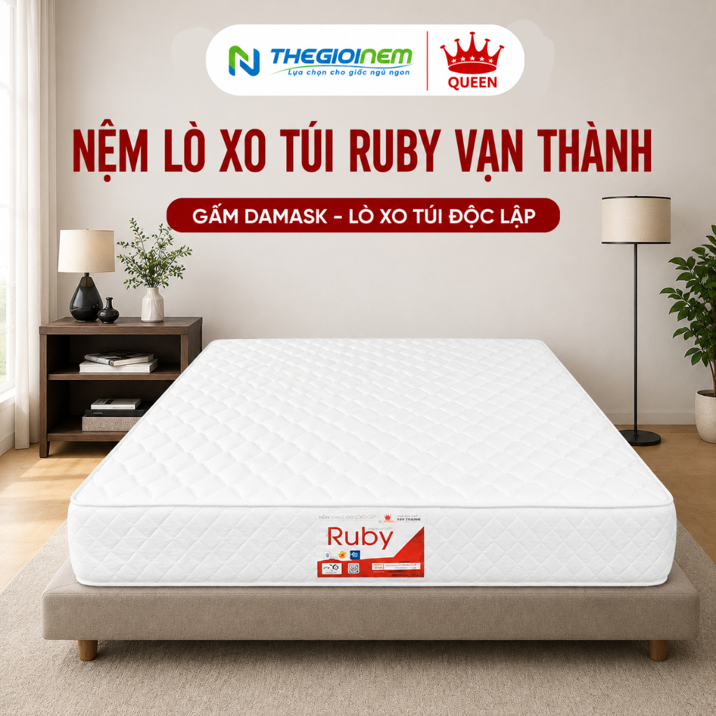 Nệm Lò Xo Túi RUBY Vạn Thành - Lò Xo Túi Độc Lập, Nâng Đỡ Tốt Cơ Thể, Bảo Hành 10 Năm, Độ Cao 26cm