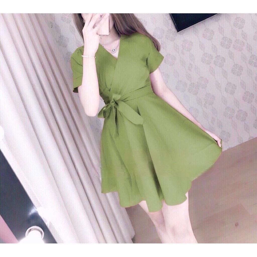 🍒Đầm xoè cổ V đắp chéo eo cột nơ