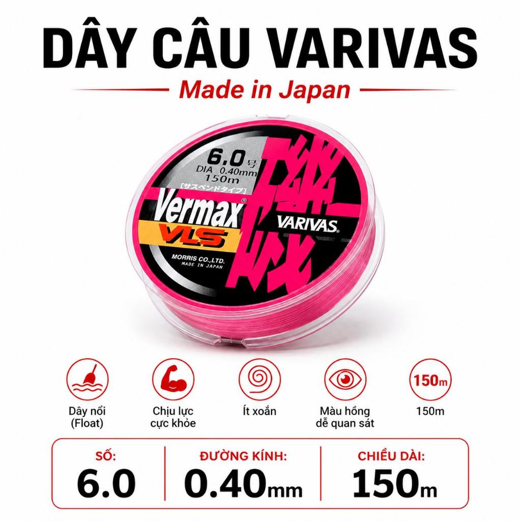 Dây Câu Cá VARIVAS Floating Line No.6.0 - 0.40mm 150m Made in Japan - SIZE SỐ 6 THÍCH HỢP CHO MÁY 4000 5000 CÂU SÔNG