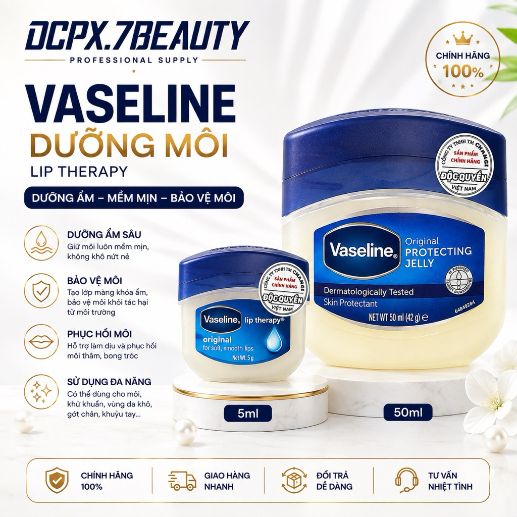 Vaseline Dưỡng Môi Original Lip Therapy – Dưỡng Ẩm Mềm Mịn Bảo Vệ Môi – Hũ 5ml & 50ml | DCPX.7Beauty
