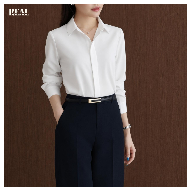Sơ mi công sở dáng suông basic trắng REAL CLOTHES, vải cotton lụa ít nhăn, dễ ủi  - basic shirt