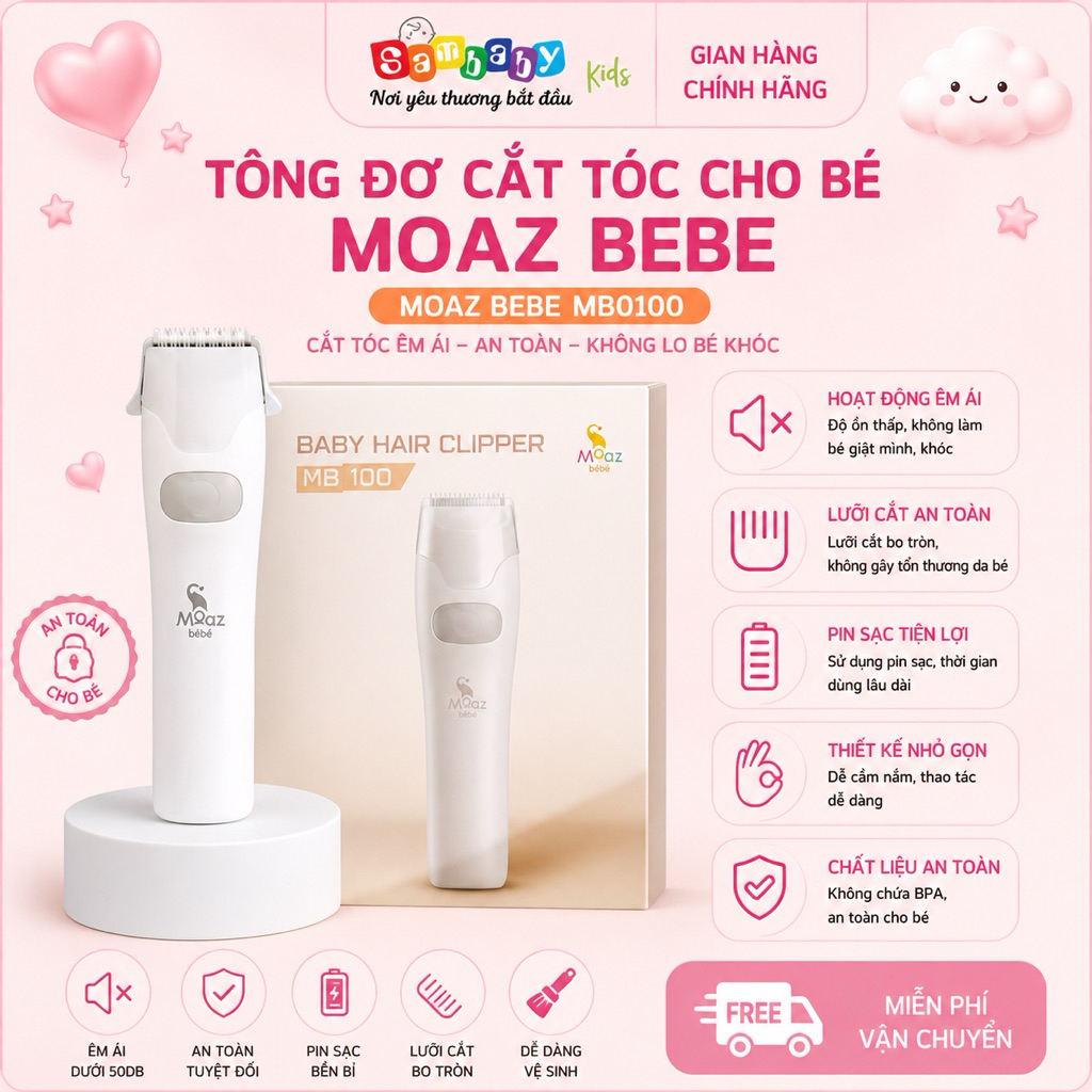 Tông Đơ Cắt Tóc Cho Bé Moaz BéBé MB0100 Chính Hãng – Tự Hút Tóc, Chống Nước, Lưỡi Gốm An Toàn, Sạc USB, Cắt Tóc Trẻ Em